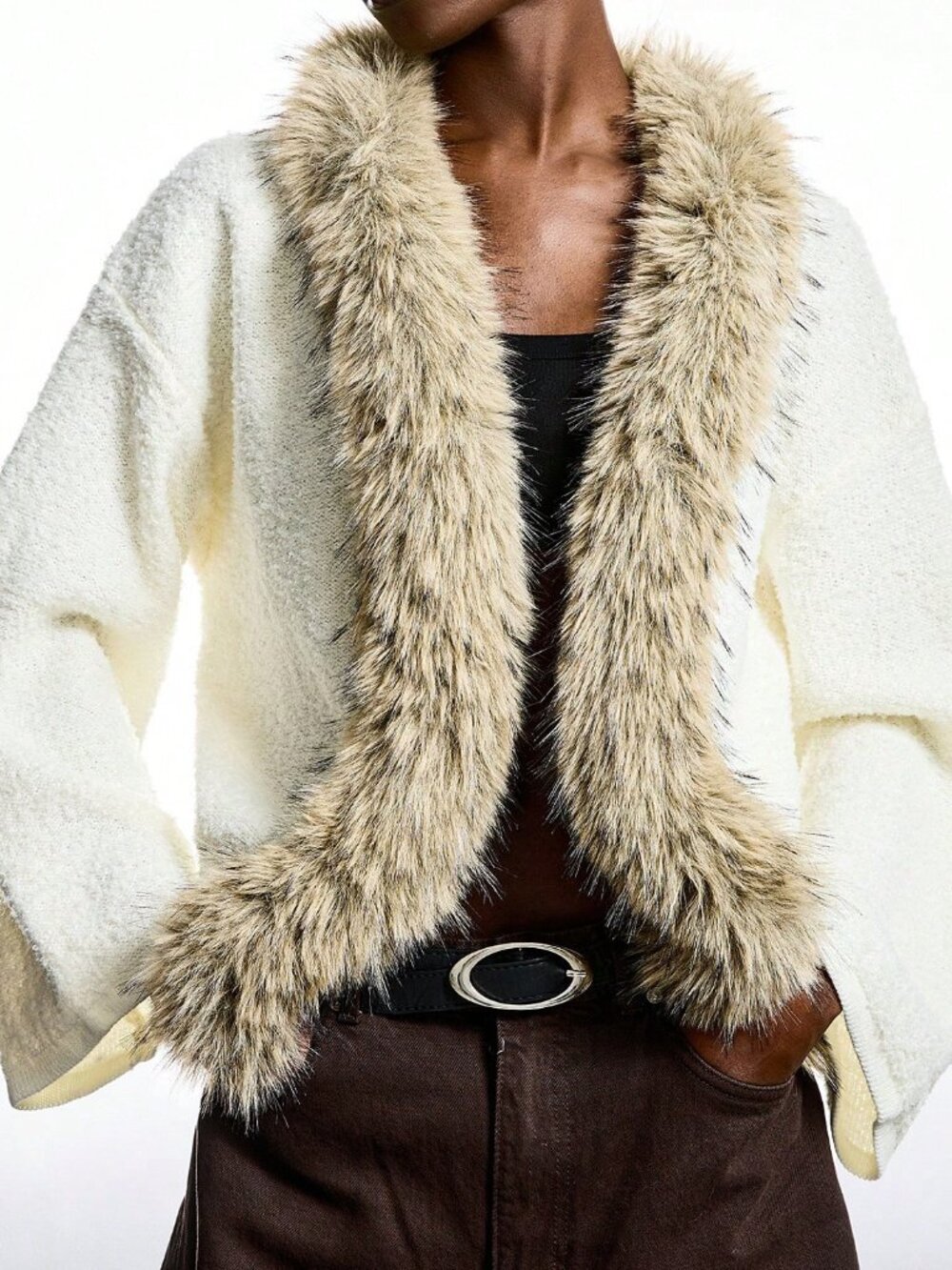 Beige Casual Women's Polka Dot Elegant Fur-Collar Long Sleeve Cardigan
